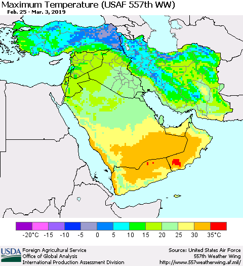 Middle East and Turkey Mean Maximum Temperature (USAF 557th WW) Thematic Map For 2/25/2019 - 3/3/2019