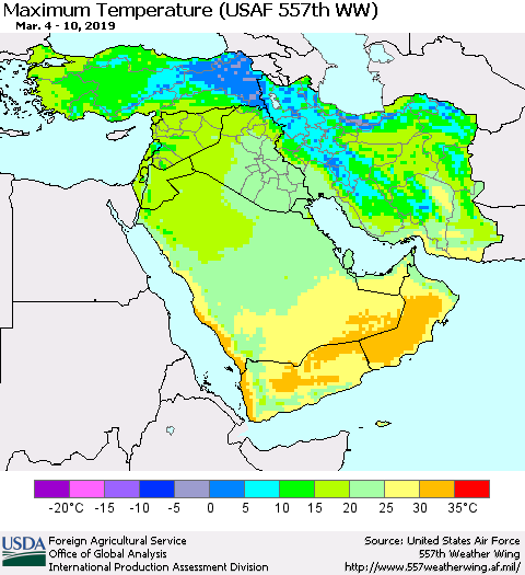 Middle East and Turkey Mean Maximum Temperature (USAF 557th WW) Thematic Map For 3/4/2019 - 3/10/2019