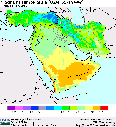 Middle East and Turkey Mean Maximum Temperature (USAF 557th WW) Thematic Map For 3/11/2019 - 3/17/2019