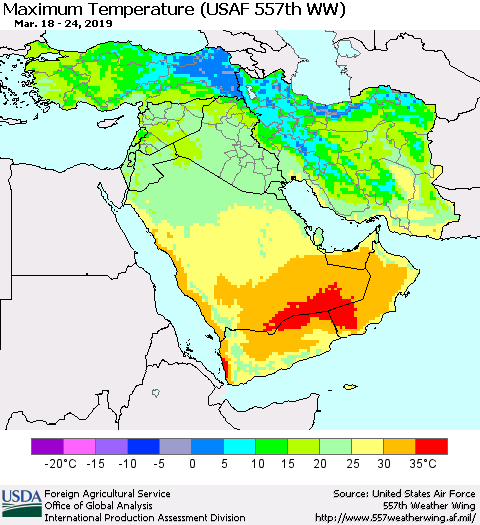 Middle East and Turkey Mean Maximum Temperature (USAF 557th WW) Thematic Map For 3/18/2019 - 3/24/2019