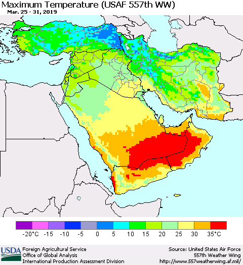 Middle East and Turkey Mean Maximum Temperature (USAF 557th WW) Thematic Map For 3/25/2019 - 3/31/2019