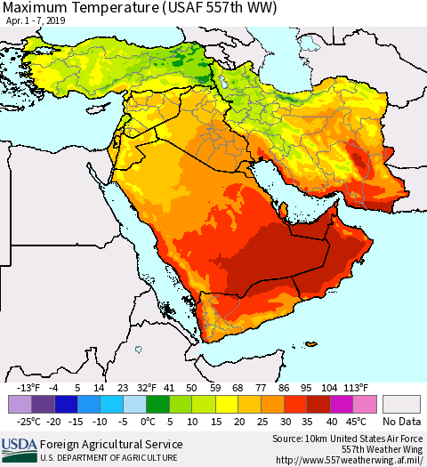 Middle East and Turkey Mean Maximum Temperature (USAF 557th WW) Thematic Map For 4/1/2019 - 4/7/2019