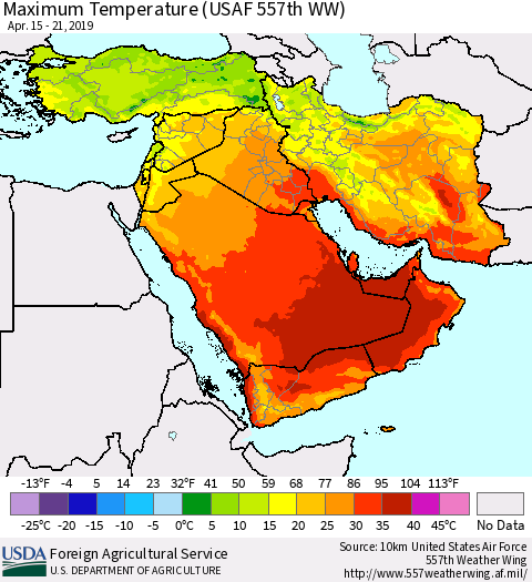 Middle East and Turkey Mean Maximum Temperature (USAF 557th WW) Thematic Map For 4/15/2019 - 4/21/2019