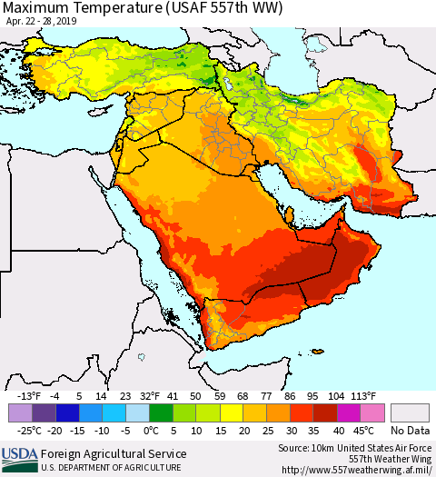 Middle East and Turkey Mean Maximum Temperature (USAF 557th WW) Thematic Map For 4/22/2019 - 4/28/2019