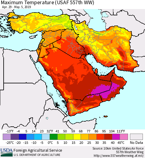 Middle East and Turkey Mean Maximum Temperature (USAF 557th WW) Thematic Map For 4/29/2019 - 5/5/2019