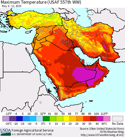 Middle East and Turkey Mean Maximum Temperature (USAF 557th WW) Thematic Map For 5/6/2019 - 5/12/2019