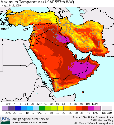 Middle East and Turkey Mean Maximum Temperature (USAF 557th WW) Thematic Map For 5/13/2019 - 5/19/2019
