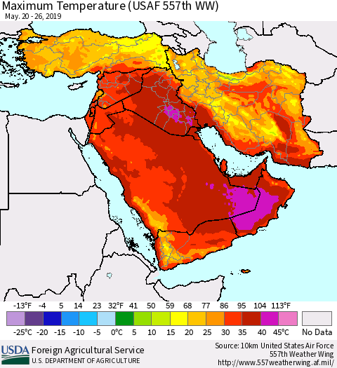 Middle East and Turkey Mean Maximum Temperature (USAF 557th WW) Thematic Map For 5/20/2019 - 5/26/2019