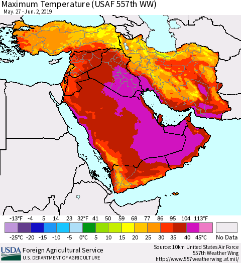 Middle East and Turkey Mean Maximum Temperature (USAF 557th WW) Thematic Map For 5/27/2019 - 6/2/2019