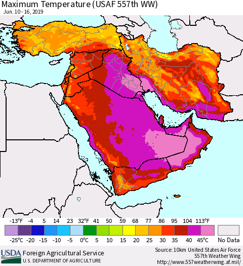 Middle East and Turkey Mean Maximum Temperature (USAF 557th WW) Thematic Map For 6/10/2019 - 6/16/2019