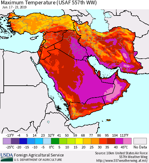 Middle East and Turkey Mean Maximum Temperature (USAF 557th WW) Thematic Map For 6/17/2019 - 6/23/2019
