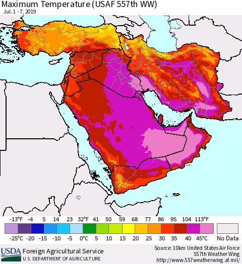 Middle East and Turkey Mean Maximum Temperature (USAF 557th WW) Thematic Map For 7/1/2019 - 7/7/2019
