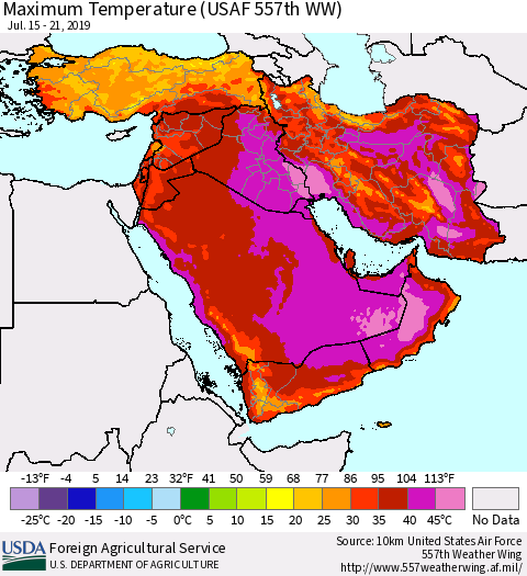 Middle East and Turkey Mean Maximum Temperature (USAF 557th WW) Thematic Map For 7/15/2019 - 7/21/2019
