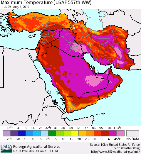 Middle East and Turkey Mean Maximum Temperature (USAF 557th WW) Thematic Map For 7/29/2019 - 8/4/2019
