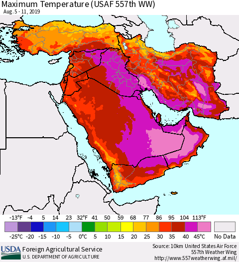 Middle East and Turkey Mean Maximum Temperature (USAF 557th WW) Thematic Map For 8/5/2019 - 8/11/2019