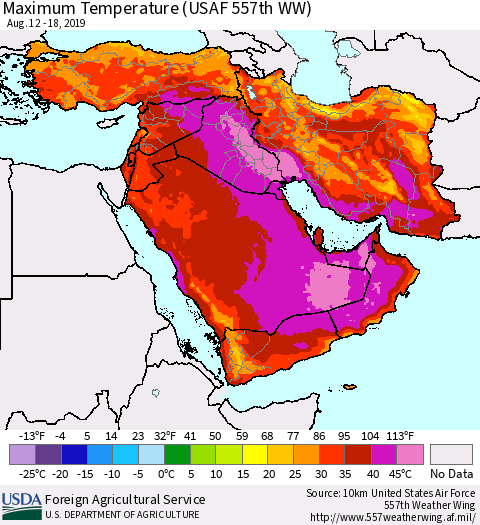 Middle East and Turkey Mean Maximum Temperature (USAF 557th WW) Thematic Map For 8/12/2019 - 8/18/2019