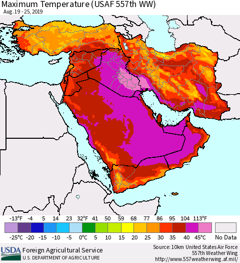 Middle East and Turkey Mean Maximum Temperature (USAF 557th WW) Thematic Map For 8/19/2019 - 8/25/2019