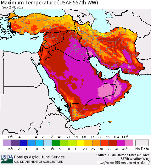 Middle East and Turkey Mean Maximum Temperature (USAF 557th WW) Thematic Map For 9/2/2019 - 9/8/2019