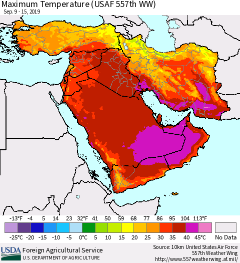 Middle East and Turkey Mean Maximum Temperature (USAF 557th WW) Thematic Map For 9/9/2019 - 9/15/2019