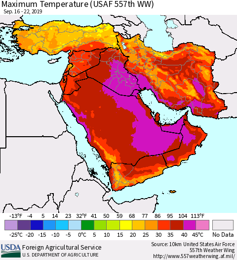 Middle East and Turkey Mean Maximum Temperature (USAF 557th WW) Thematic Map For 9/16/2019 - 9/22/2019