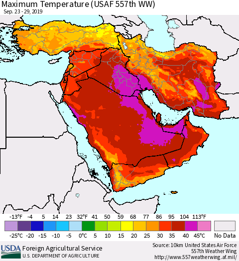 Middle East and Turkey Mean Maximum Temperature (USAF 557th WW) Thematic Map For 9/23/2019 - 9/29/2019