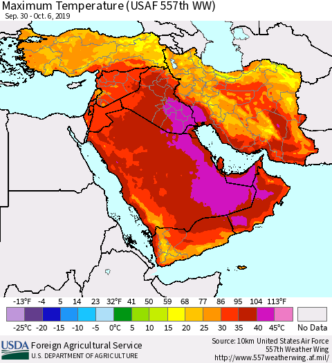 Middle East and Turkey Mean Maximum Temperature (USAF 557th WW) Thematic Map For 9/30/2019 - 10/6/2019