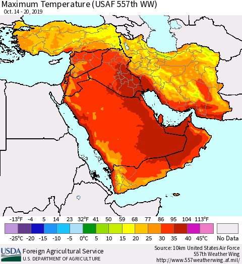 Middle East and Turkey Mean Maximum Temperature (USAF 557th WW) Thematic Map For 10/14/2019 - 10/20/2019