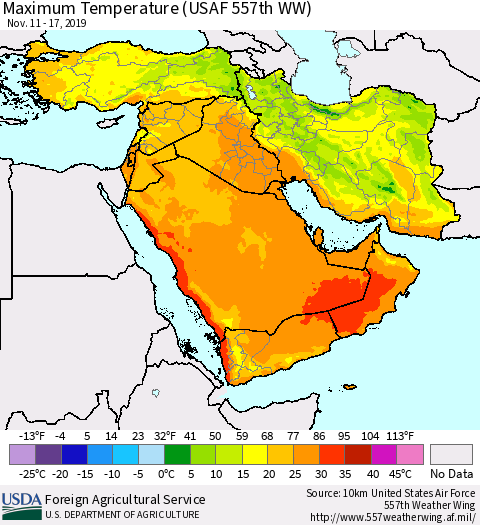 Middle East and Turkey Mean Maximum Temperature (USAF 557th WW) Thematic Map For 11/11/2019 - 11/17/2019