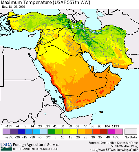 Middle East and Turkey Mean Maximum Temperature (USAF 557th WW) Thematic Map For 11/18/2019 - 11/24/2019