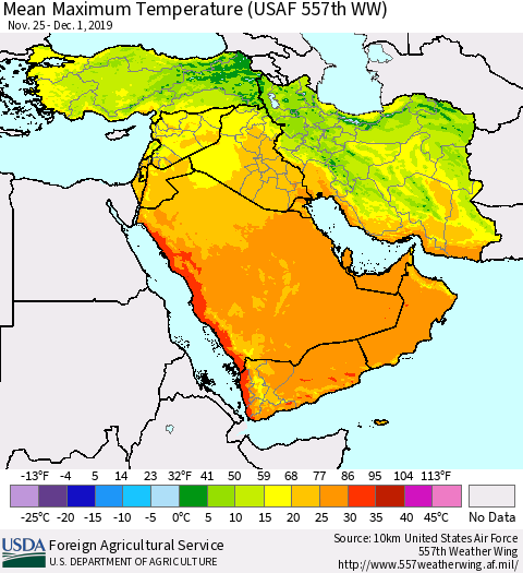Middle East and Turkey Mean Maximum Temperature (USAF 557th WW) Thematic Map For 11/25/2019 - 12/1/2019
