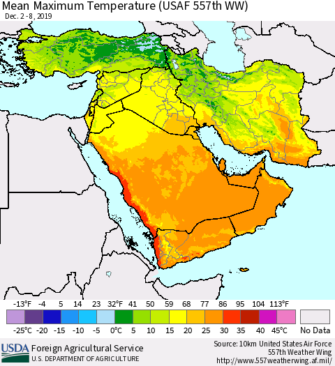 Middle East and Turkey Mean Maximum Temperature (USAF 557th WW) Thematic Map For 12/2/2019 - 12/8/2019