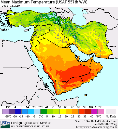 Middle East and Turkey Mean Maximum Temperature (USAF 557th WW) Thematic Map For 12/9/2019 - 12/15/2019