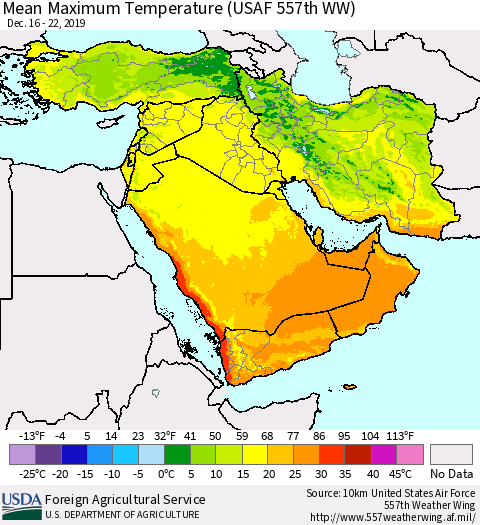 Middle East and Turkey Mean Maximum Temperature (USAF 557th WW) Thematic Map For 12/16/2019 - 12/22/2019