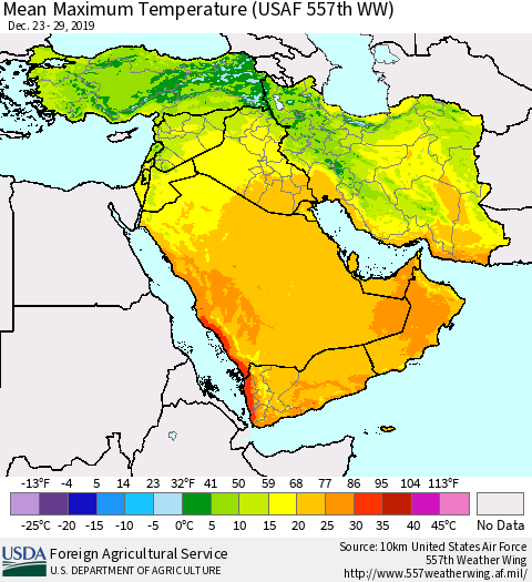 Middle East and Turkey Mean Maximum Temperature (USAF 557th WW) Thematic Map For 12/23/2019 - 12/29/2019