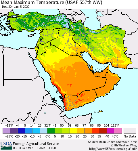 Middle East and Turkey Mean Maximum Temperature (USAF 557th WW) Thematic Map For 12/30/2019 - 1/5/2020