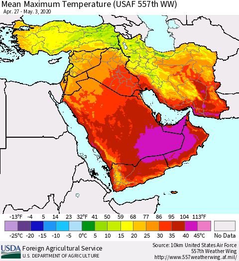 Middle East and Turkey Mean Maximum Temperature (USAF 557th WW) Thematic Map For 4/27/2020 - 5/3/2020