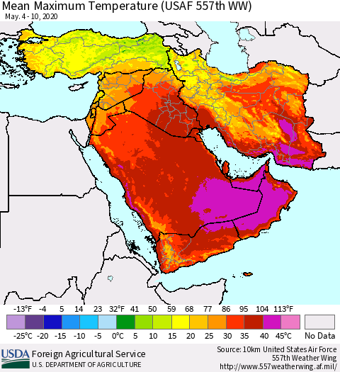 Middle East and Turkey Mean Maximum Temperature (USAF 557th WW) Thematic Map For 5/4/2020 - 5/10/2020