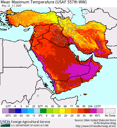 Middle East and Turkey Mean Maximum Temperature (USAF 557th WW) Thematic Map For 5/11/2020 - 5/17/2020