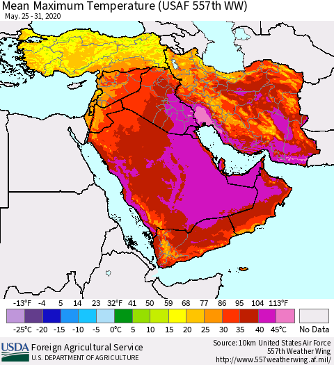 Middle East and Turkey Mean Maximum Temperature (USAF 557th WW) Thematic Map For 5/25/2020 - 5/31/2020
