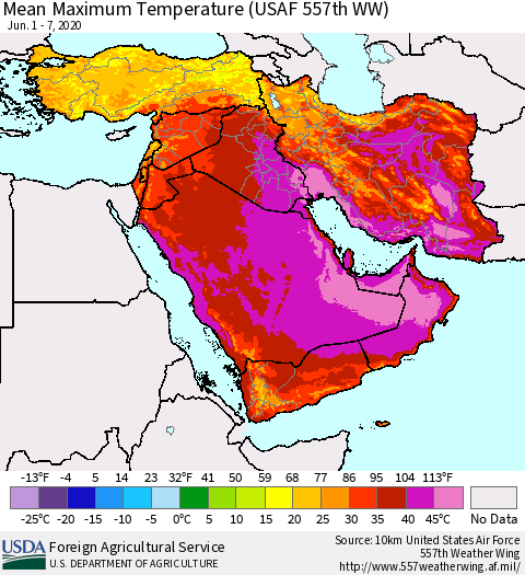 Middle East and Turkey Mean Maximum Temperature (USAF 557th WW) Thematic Map For 6/1/2020 - 6/7/2020