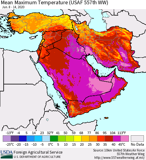 Middle East and Turkey Mean Maximum Temperature (USAF 557th WW) Thematic Map For 6/8/2020 - 6/14/2020