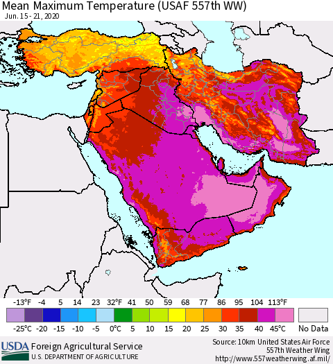 Middle East and Turkey Mean Maximum Temperature (USAF 557th WW) Thematic Map For 6/15/2020 - 6/21/2020