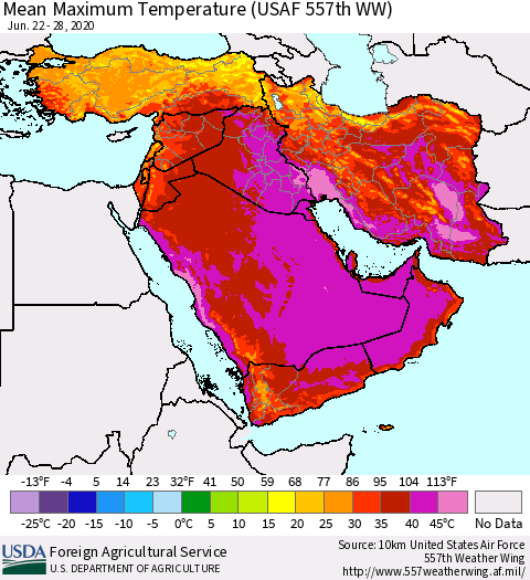 Middle East and Turkey Mean Maximum Temperature (USAF 557th WW) Thematic Map For 6/22/2020 - 6/28/2020