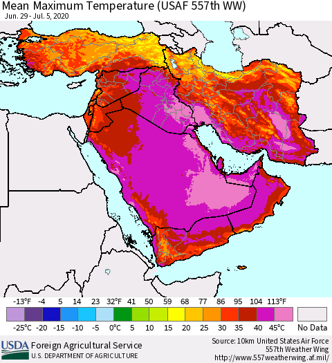 Middle East and Turkey Mean Maximum Temperature (USAF 557th WW) Thematic Map For 6/29/2020 - 7/5/2020