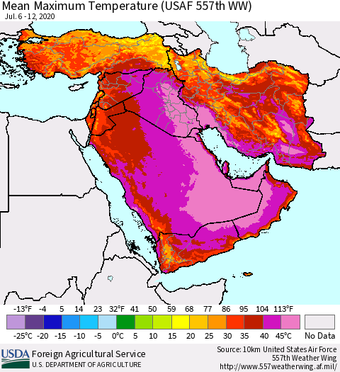 Middle East and Turkey Mean Maximum Temperature (USAF 557th WW) Thematic Map For 7/6/2020 - 7/12/2020