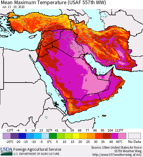 Middle East and Turkey Mean Maximum Temperature (USAF 557th WW) Thematic Map For 7/13/2020 - 7/19/2020