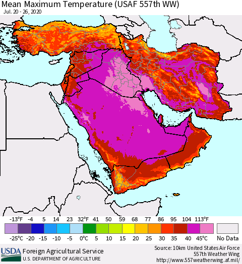 Middle East and Turkey Mean Maximum Temperature (USAF 557th WW) Thematic Map For 7/20/2020 - 7/26/2020