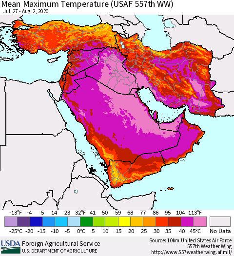 Middle East and Turkey Mean Maximum Temperature (USAF 557th WW) Thematic Map For 7/27/2020 - 8/2/2020