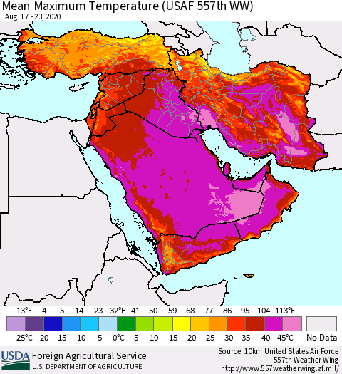 Middle East and Turkey Mean Maximum Temperature (USAF 557th WW) Thematic Map For 8/17/2020 - 8/23/2020