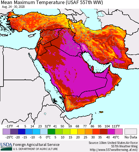 Middle East and Turkey Mean Maximum Temperature (USAF 557th WW) Thematic Map For 8/24/2020 - 8/30/2020